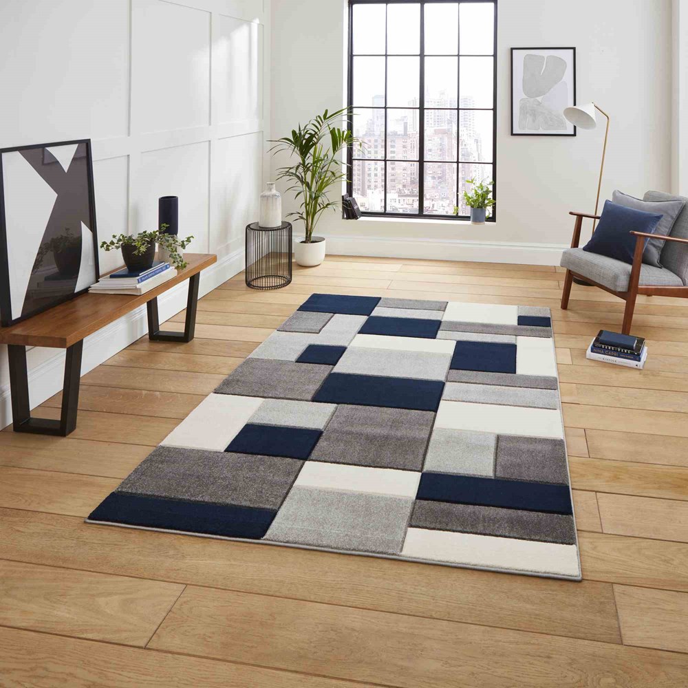 Matrix MT61 Modern Geometric Rugs in Grey Navy Blue